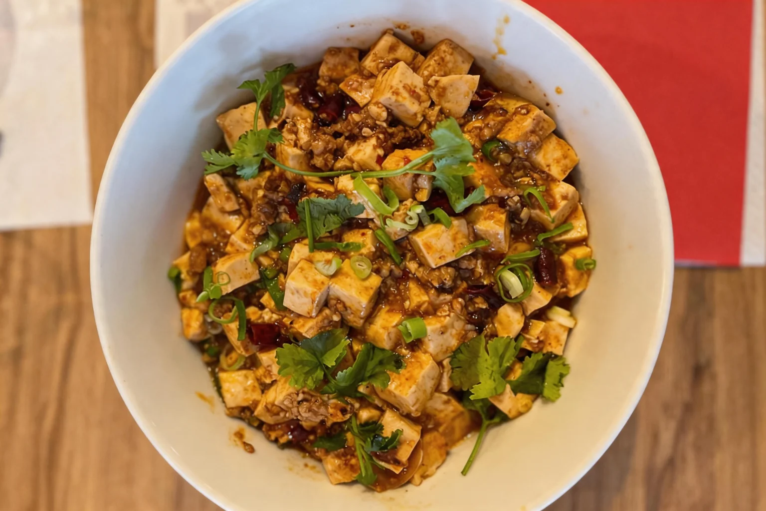 MA PO DOU FU in a white bowl, wooden table and red napkin