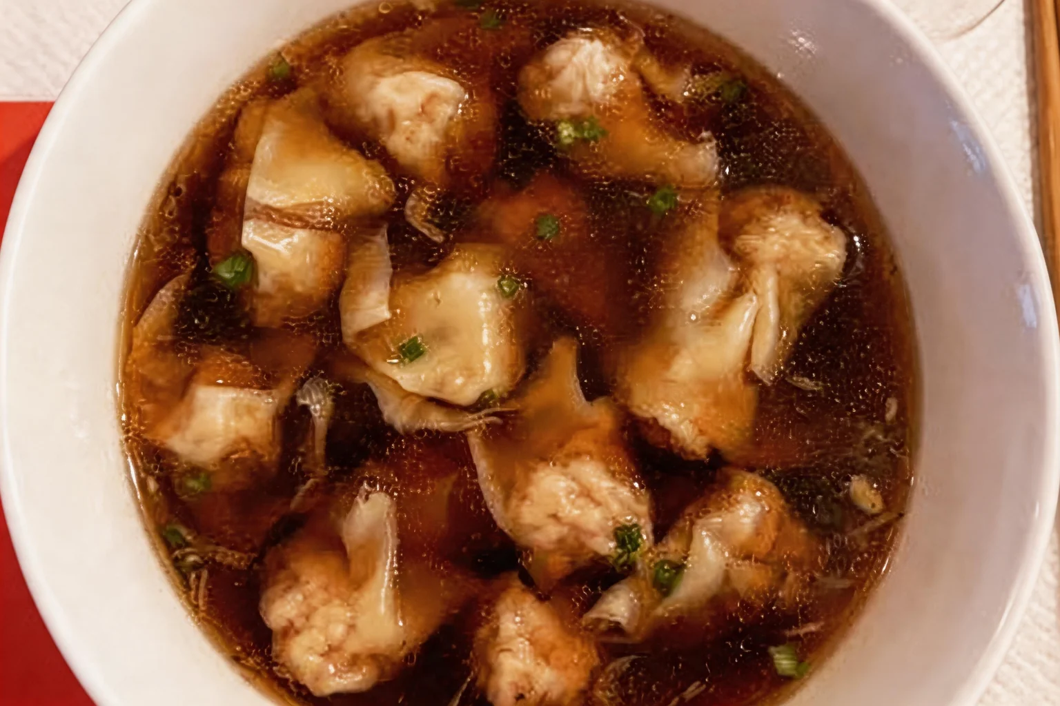 Huntun soup in a white bowl